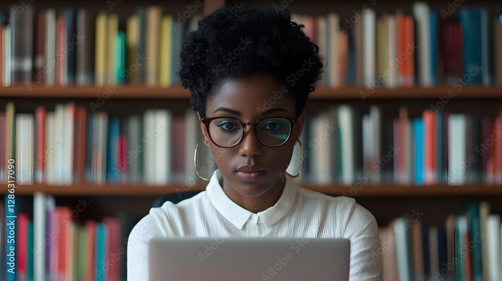 Poster freelancer working remotely in a minimalist library setting