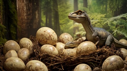Obraz premium real picture of large dinosaur eggs in a nest and 1 baby dinosaur has hatched among the large eggs with a forest background