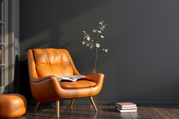 Cozy reading corner with a burnt orange leather chair and a glass vase with dried eucalyptus leaves