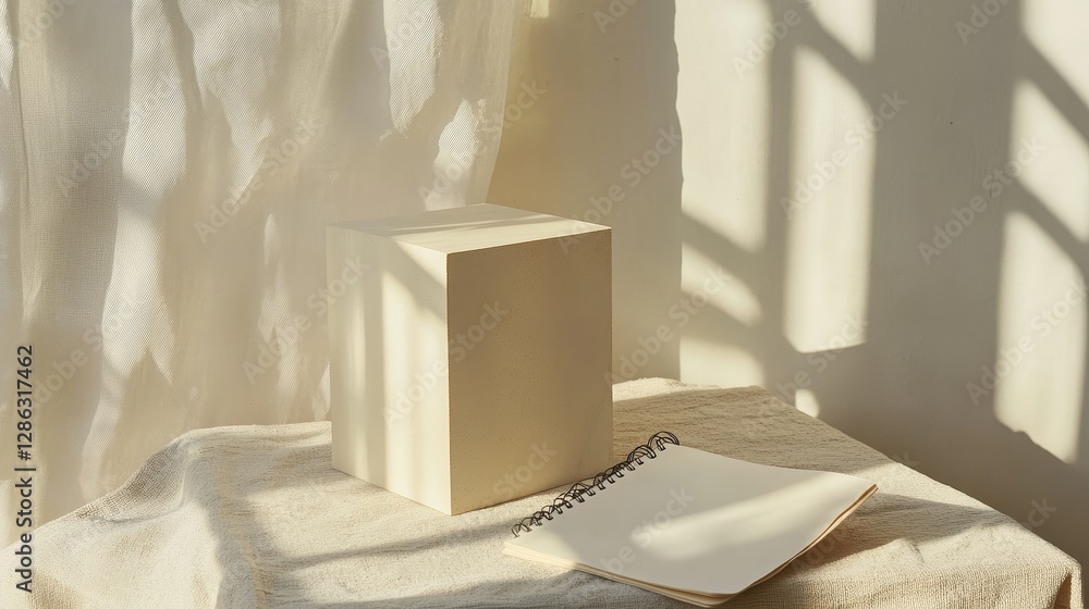 Aufkleber sunlit beige block and notebook still life - minimalist beige block and notebook bathed in sunlight,