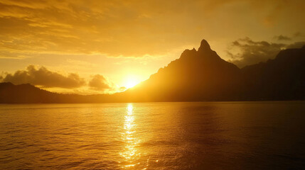 Warm golden sunset reflecting over the calm ocean waters with mountain silhouettes in the distance