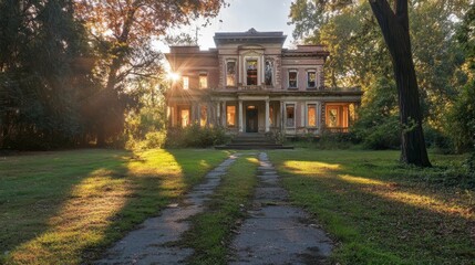 Obraz premium Sunbeams Grace Abandoned Mansion's Grandeur - Golden hour light bathes a decaying mansion, symbolizing time, loss, beauty, resilience