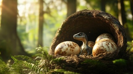 Obraz premium real picture of large dinosaur eggs in a nest and 1 baby dinosaur has hatched among the large eggs with a forest background