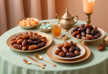 A cozy iftar table setting with traditional Ramadan foods, Created with AI