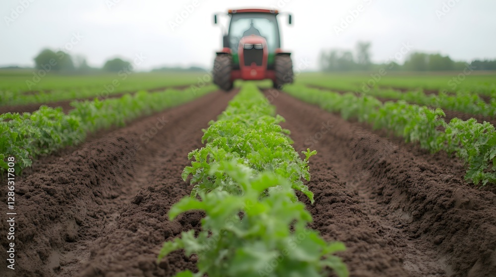 Poster efficient farming with tractor in distance amidst lush crop rows