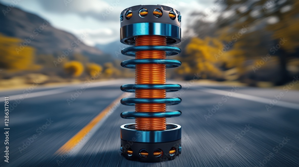 Poster detailed view of a car's shock absorber showcasing its design and functionality on a road surface, h