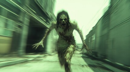 A scary ghost creature with sharp claws, glowing eyes, and a terrifying form is running from the front. The scene features a gripping dynamic motion blur effect