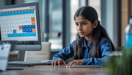 A teenage South Asian girl scheduling conference calls on a shared company calendar