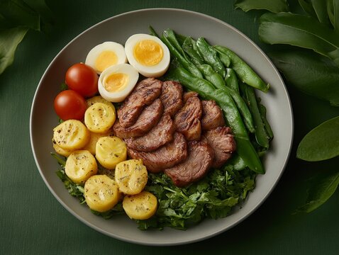 Healthy balanced meal with grilled steak boiled eggs fresh spinach golden baby potatoes and cherry tomatoes on elegant white plate for nutritious gourmet dining in modern culinary presentation