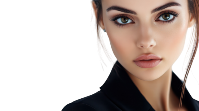 Model poses with captivating gaze against white background in professional studio setting highlighting beauty and elegance