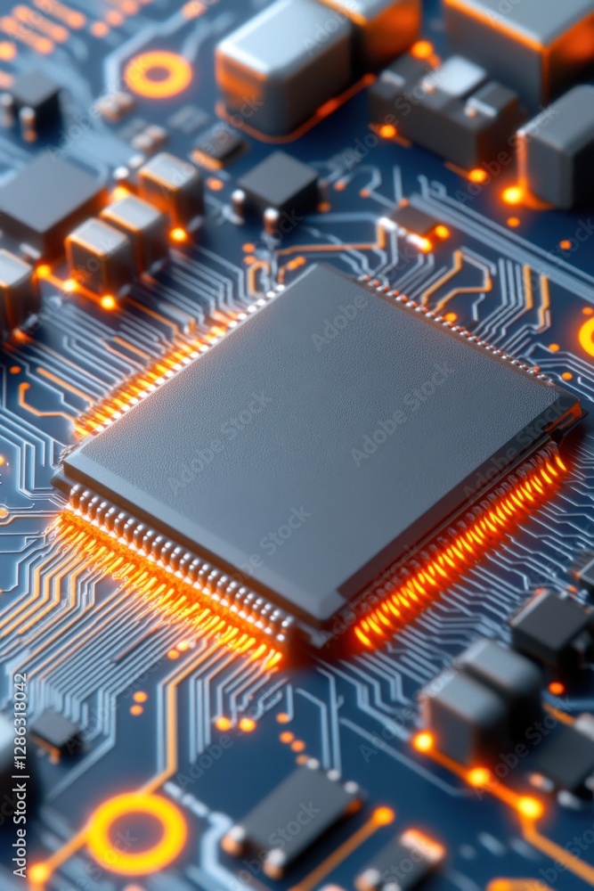 Poster close up view of a central processing unit (cpu) chip on a circuit board, illuminated with warm oran