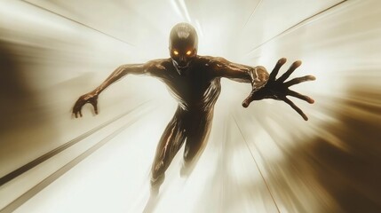 A scary ghost creature with sharp claws, glowing eyes, and a terrifying form is running from the front. The scene features a gripping dynamic motion blur effect