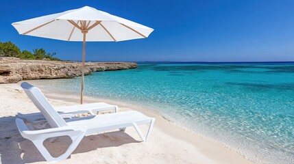 Obraz premium Two white lounge chairs sit on a pristine beach under a white umbrella, overlooking a calm turquoise ocean on a sunny day. The scene is peaceful and