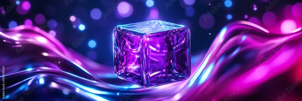 Poster swirling cube abstract background - a vibrant purple cube rests on a flowing, abstract background of