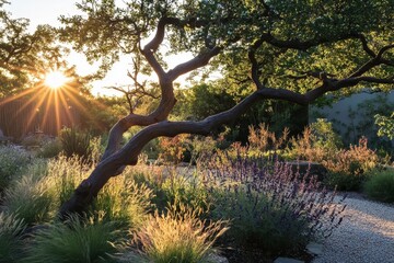 Fototapeta premium Sunset Serenity Garden Landscape - Tranquil garden scene at sunset, symbolizing peace, nature's beauty, golden hour magic, serenity, and the passage of time