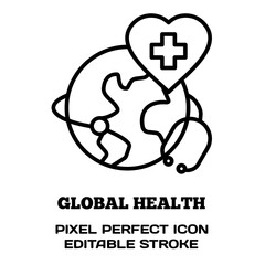 Global Health symbol, featuring an editable stroke outline icon isolated on white background flat vector illustration. Pixel perfect