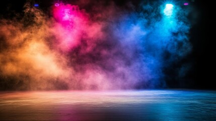 Fototapeta premium An electrifying stage illuminated by colorful spotlights cuts through thick smoke, creating an ambiance of energy and anticipation for the upcoming show