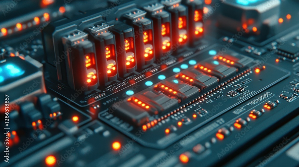 Poster a computer circuit board displays numerous electronic components highlighted by glowing red lights, 