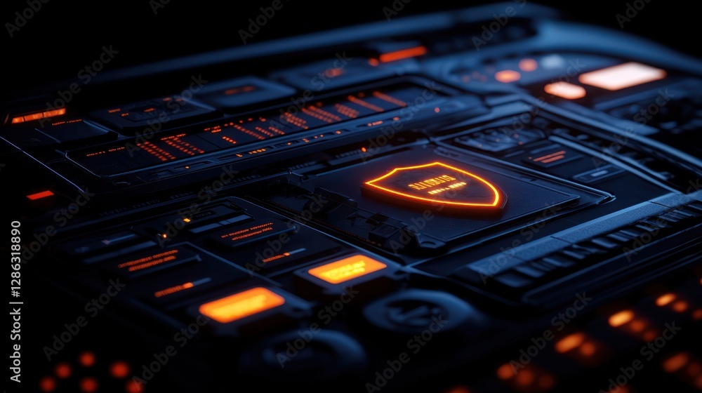 Poster futuristic control panel with glowing orange accents and intricate buttons in a dark setting