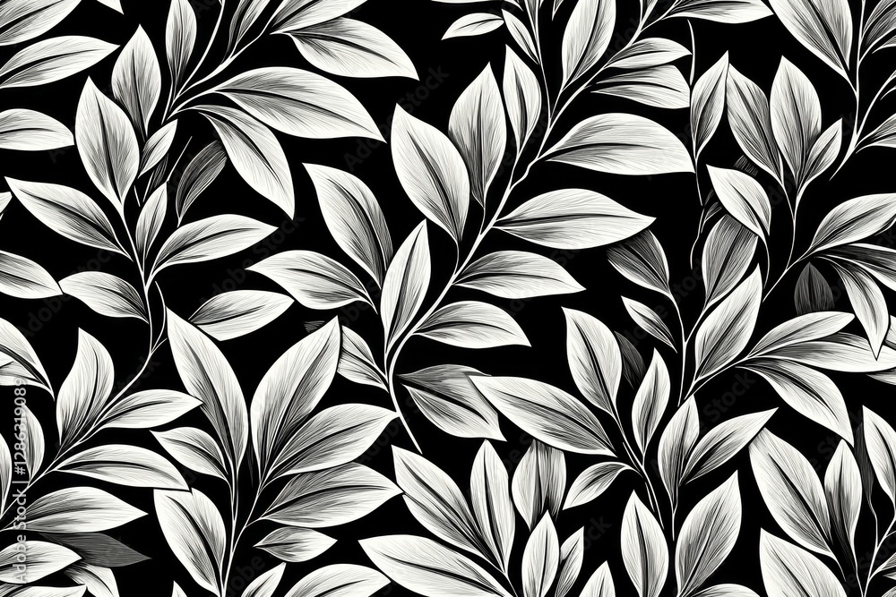 Poster elegant black and white leafy pattern ideal for various design projects and backgrounds.