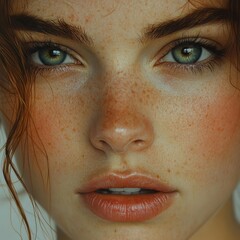 Fototapeta premium A close-up portrait of a young woman with freckles and striking green eyes.