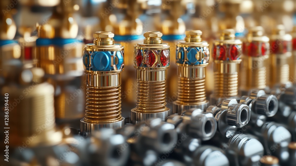 Poster a detailed close-up view showcasing various types of valves, highlighting their unique designs and f