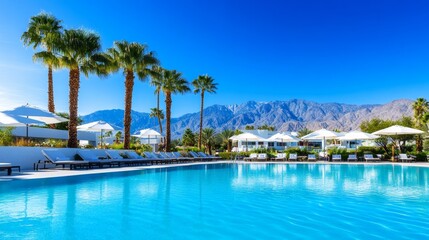 Tranquil Resort Poolside Paradise - Luxurious poolside escape. Palm trees, mountains, sunshine, relaxation, and refreshing water. Symbolising serenity, luxury, vacation, escape, and rejuvenation