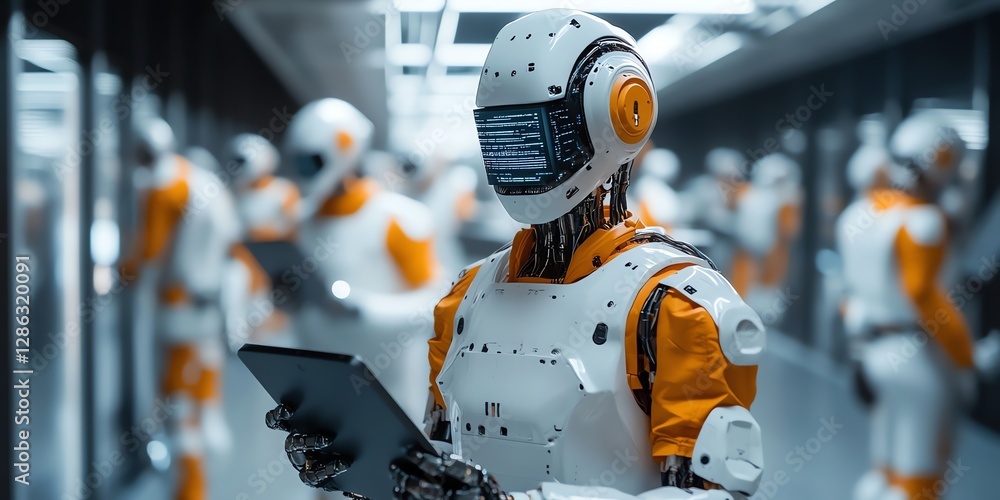 Aufkleber robot using tablet in futuristic factory setting