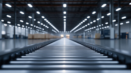 Obraz premium An empty roller conveyor system stands ready for production inside a factory with high ceilings and bright LED lighting. The polished metal rollers reflect the clean, efficient ind