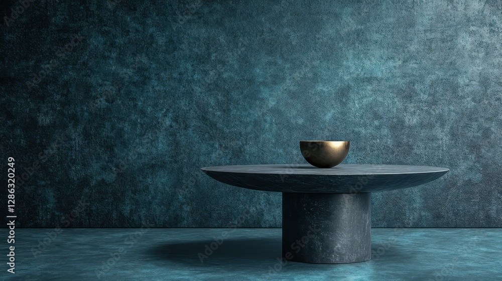 Poster a bowl rests on a table within a room featuring a blue wall, creating a harmonious and tranquil atmo