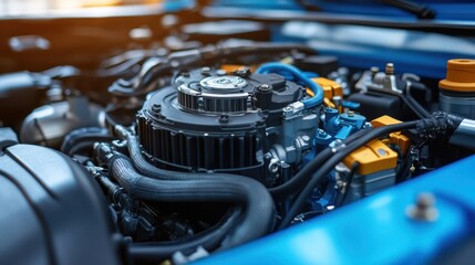 A detailed close-up view of a blue engine showcasing intricate components and design within a car's engine bay.
