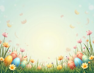 vibrant easter conceptual illustration with decorated eggs, fresh grass, and blooming spring flowers in a festive pastel palette