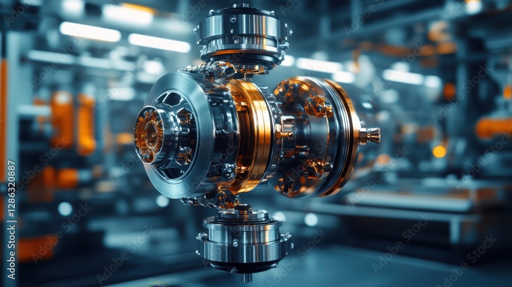 Poster a close-up view of a machine featuring a detailed metallic object, showcasing intricate components a