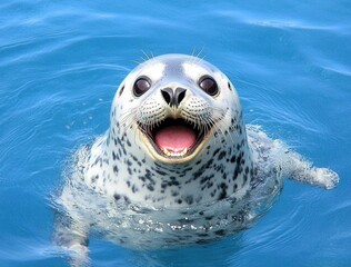 Obraz premium Happy harbor seal pup with spotted fur floats in bright blue water, mouth open in a cheerful expression. Close up view