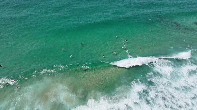 Surfers Surfing Tamarama Beach Sydney Australia Clear Ocean Waves Aerial Drone Footage 4k