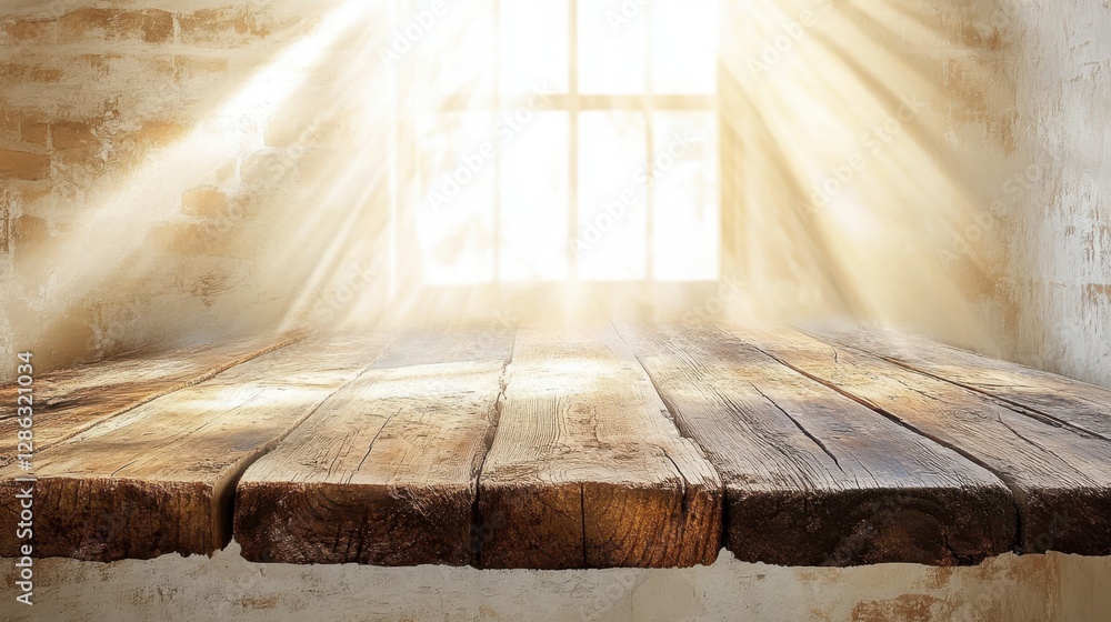 Poster sunlight streams through a window, illuminating a wooden table in a cozy room, creating a warm and i