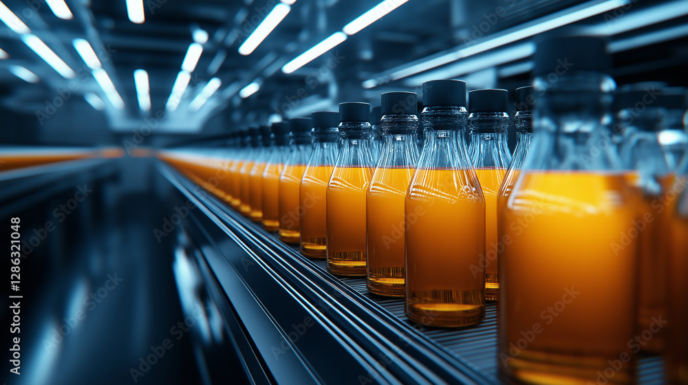 Poster a modern juice bottling facility with glass bottles neatly aligned on a moving conveyor belt. the au