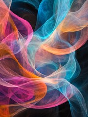 Fototapeta premium Vibrant Swirls of Color Abstract - An abstract depicting swirling, translucent forms in shades of pink, orange, teal, and white against a black background. Symbolizing: energy, fluidity, movement