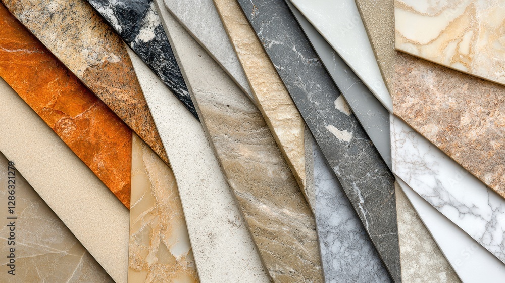 Poster a close-up view showcasing various colored marble tiles, highlighting their unique textures and patt