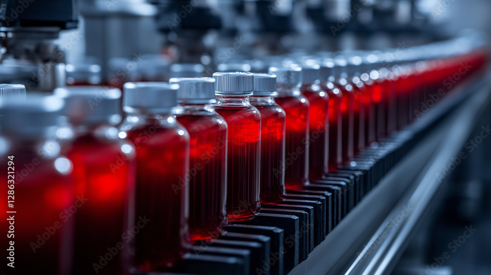 Aufkleber a fully automated juice bottling production line in action, with rows of neatly sealed glass bottles