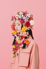 Fototapeta premium Young Asian woman adorned with colorful flowers in a creative floral headpiece against a soft pink background, representing beauty and nature