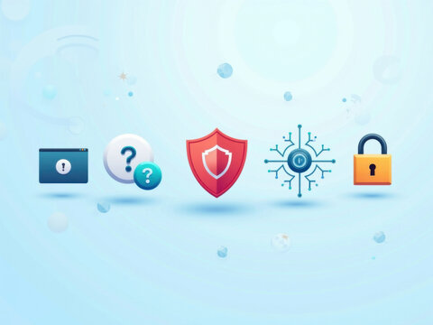 Variedad de iconos de seguridad cibern&eacute;tica sobre fondo azul claro
