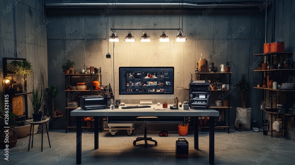 Poster a modern desk featuring a computer monitor and keyboard, set within a well-lit room, showcasing a fu