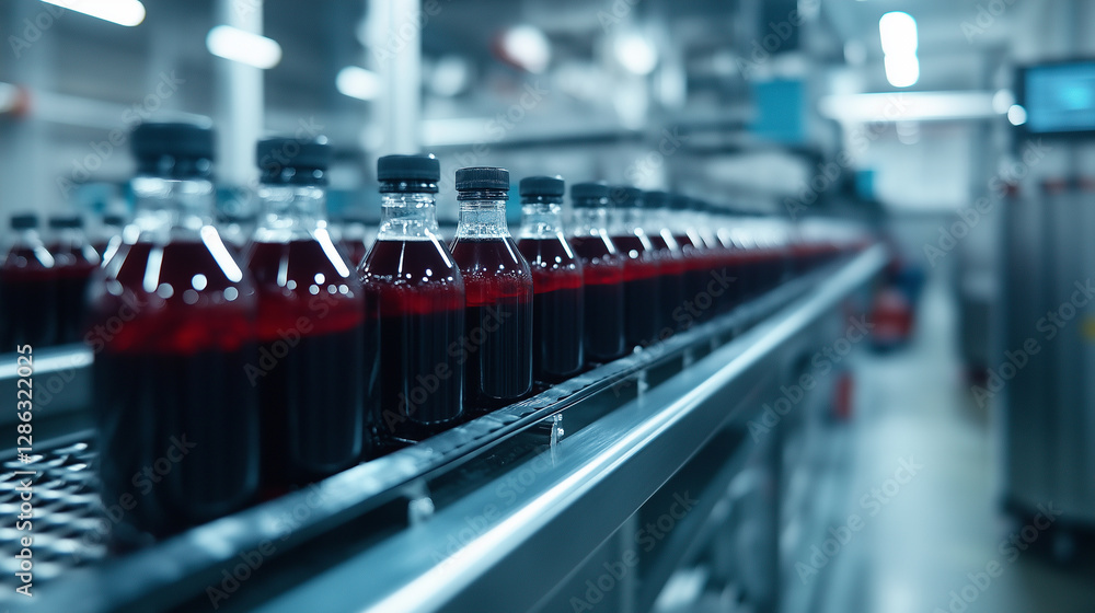 Poster a high-speed juice bottling process captured in motion, with bottles swiftly gliding along the conve