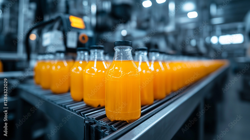 Aufkleber a high-speed juice bottling process captured in motion, with bottles swiftly gliding along the conve