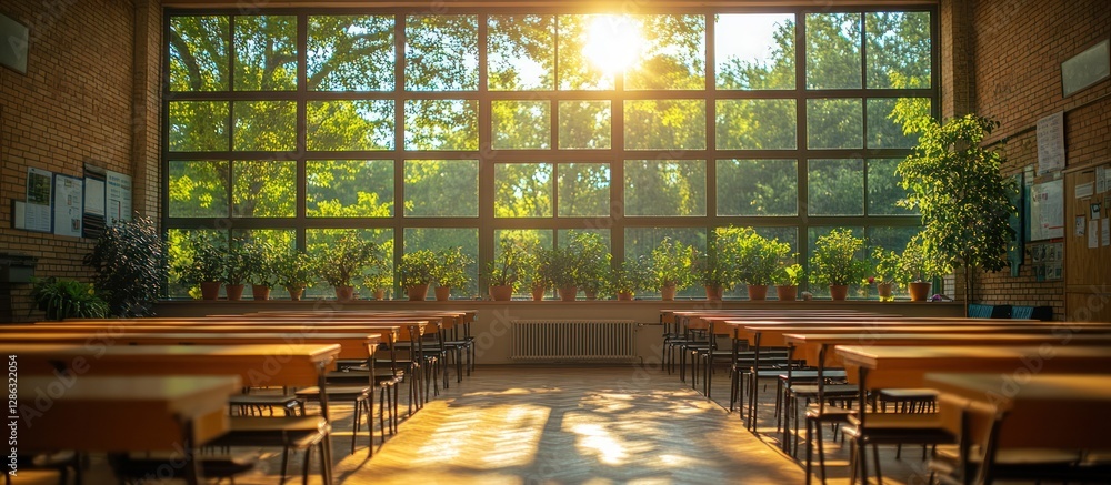 Poster sunlit classroom with empty desks and chairs near large window.