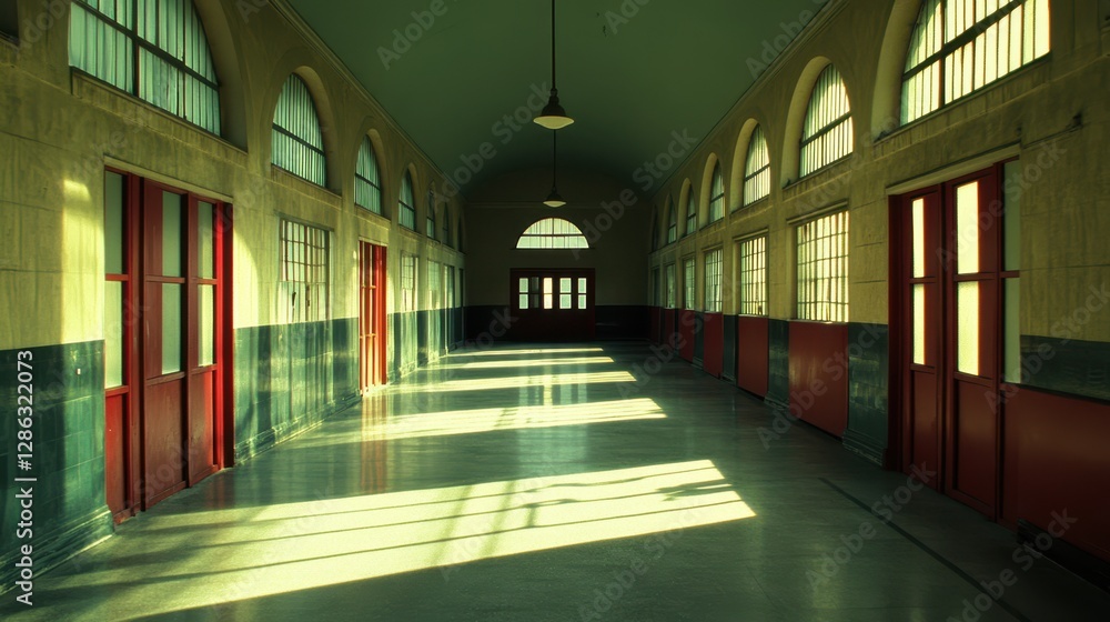 Poster a lengthy corridor features vibrant red doors and large windows, creating a striking visual contrast