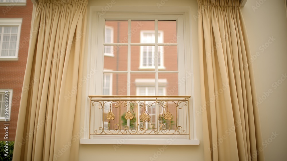 Poster a stylish window opens onto a balcony adorned with elegant curtains, enhancing the view and creating