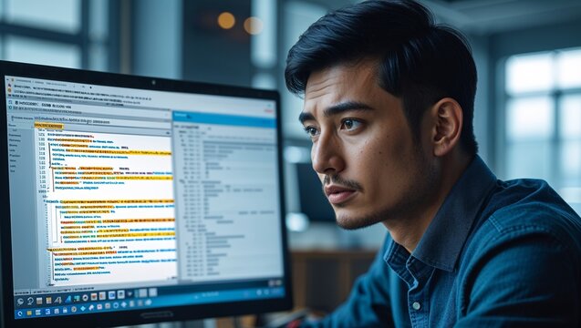 A young Central Asian man conducting software tests with a coding error log on screen