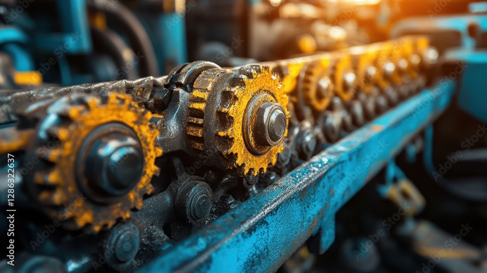 Poster a detailed close-up view of a machine showcasing intricate gears and mechanisms, highlighting engine